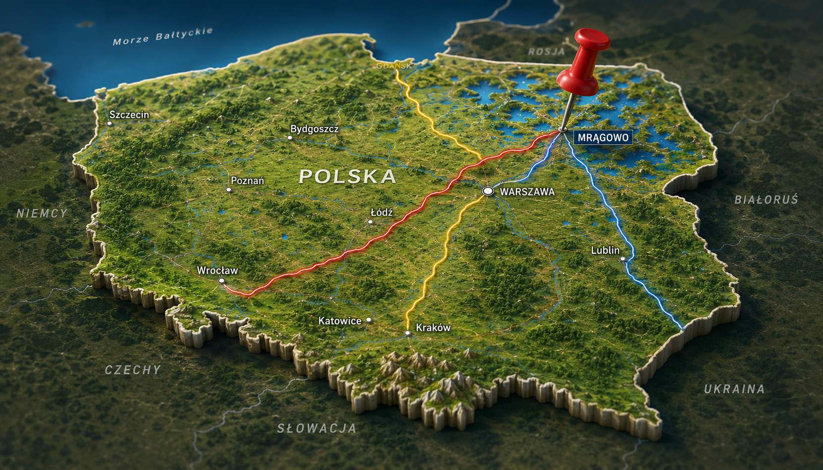 Dojazd do Mrągowa — trasy z 4 stron Polski 2026