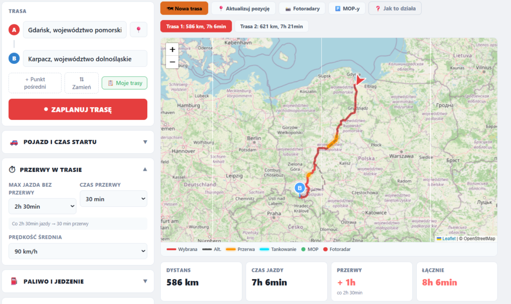 Planer trasy - Automatyczne planowanie przerw w trasie. trasa.mapaopp.pl