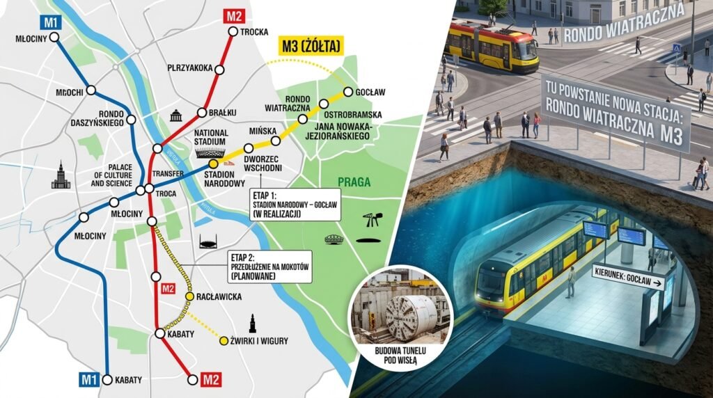 Mapa. czwarta linia metra M4 Białołęka Wilanów stacje.